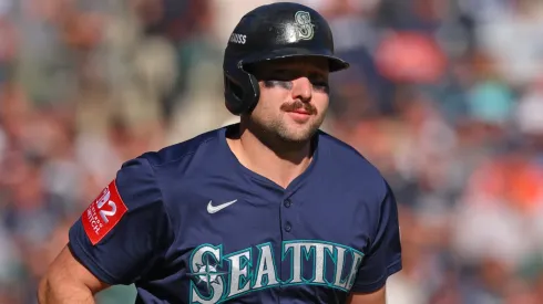Cal Raleigh #29 of the Seattle Mariners draws a walk against the Detroit Tigers.