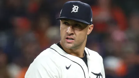 Jack Flaherty #9 of the Detroit Tigers walks to the dugout after a pitching change vs Mariners.