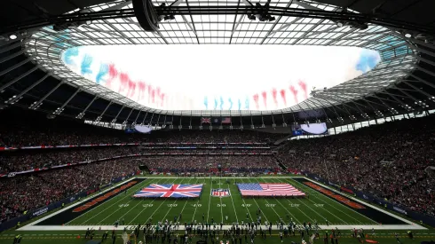 General view inside the stadium, as a pyrotechnic display takes place prior to an NFL match.