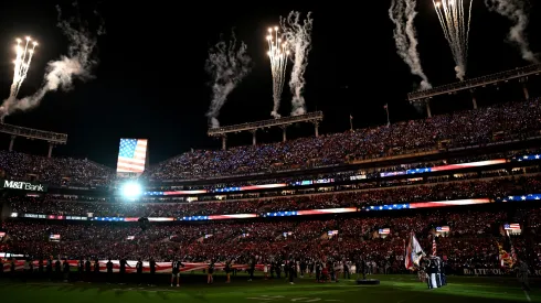 A general view during the national anthem before an NFL game.