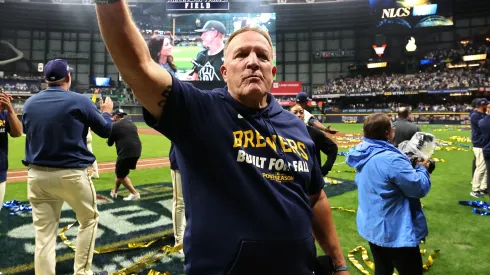 Pat Murphy #49 of the Milwaukee Brewers waves to the fans.