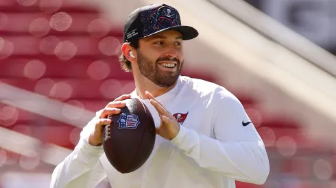 Baker Mayfield #6 of the Tampa Bay Buccaneers warms up.