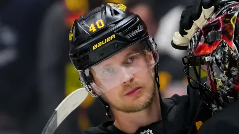 Elias Pettersson at Rogers Arena on October 9, 2025 in Vancouver, Canada.