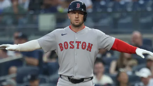 Alex Bregman #2 of the Boston Red Sox reacts after hitting a single.