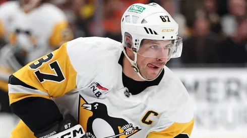 Sidney Crosby #87 of the Penguins controls the puck during the first period of a game against the Ducks.