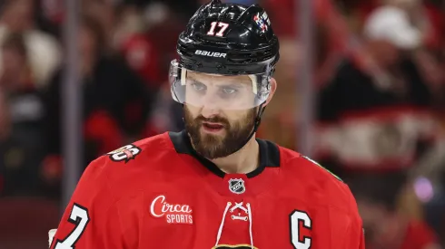 Nick Foligno #17 of the Blackhawks looks on during the third period against the Canadiens.