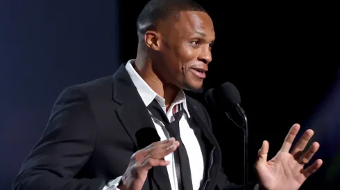 Russell Westbrook speaks onstage.
