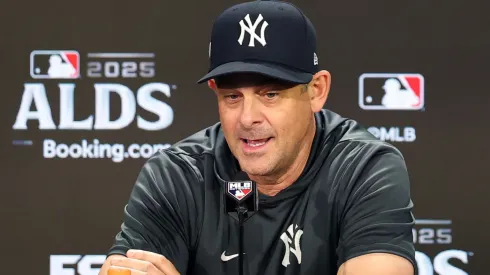Manager Aaron Boone #17 of the New York Yankees speaks to the media.