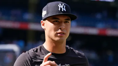 Anthony Volpe #11 of the New York Yankees looks on.