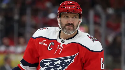 Alex Ovechkin #8 of the Washington Capitals looks on in an NHL game.
