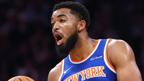 Karl-Anthony Towns #32 of New York Knicks handles the ball.