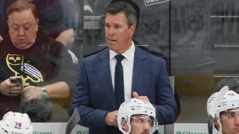 Head coach Mike Sullivan of the New York Rangers handles bench.