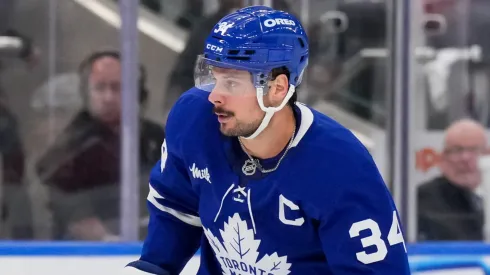 Auston Matthews #34 of the Toronto Maple Leafs skates with the puck.