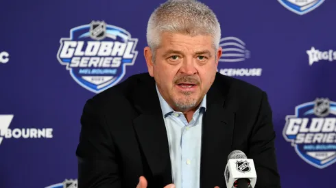 Head coach Todd McLellan speaks during a press conference.