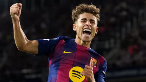 Fermin Lopez celebrates after scoring for Barcelona in Champions League.