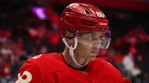 Patrick Kane #88 of the Detroit Red Wings looks on in an NHL game.