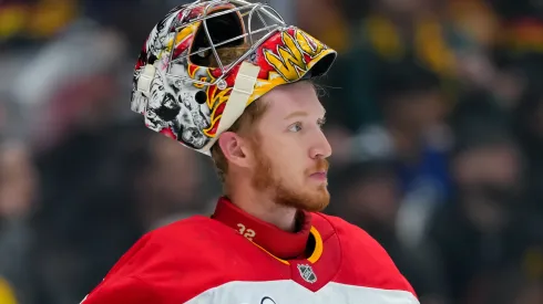 Dustin Wolf at Rogers Arena on October 9, 2025 in Vancouver, Canada.