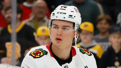 Connor Bedard at the TD Garden on October 9, 2025 in Boston, Massachusetts.