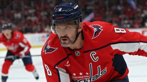 Alex Ovechkin #8 of the Washington Capitals skates with the puck.