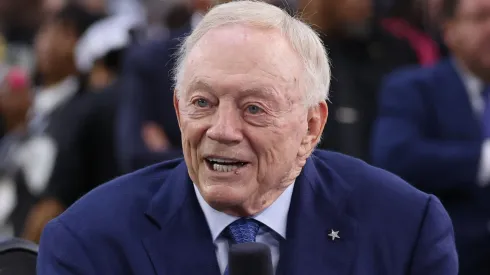 Owner Jerry Jones of the Dallas Cowboys talks to broadcasters.