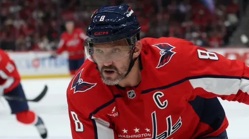 Alex Ovechkin #8 of the Washington Capitals skates against the Canucks.