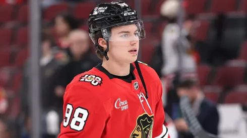 Connor Bedard at the United Center on October 28, 2025 in Chicago, Illinois.