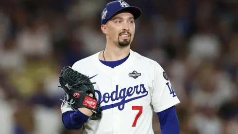 : Blake Snell #7 of the Los Angeles Dodgers reacts during the fifth inning.