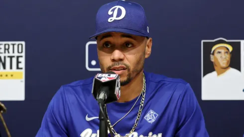 Mookie Betts #50 of the Los Angeles Dodgers speaks to the media.
