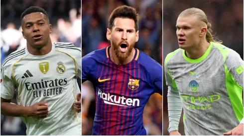 Kylian Mbappe of Real Madrid, Lionel Messi during a Barcelona game and Erling Haaland of Man. City.