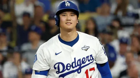 Shohei Ohtani #17 of the Los Angeles Dodgers reacts to a strikeout.