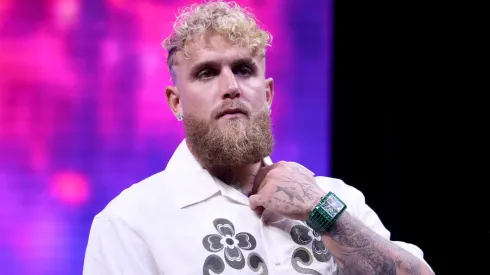Jake Paul looks on at a news conference about his exhibition match with Gervonta "Tank" Davis.