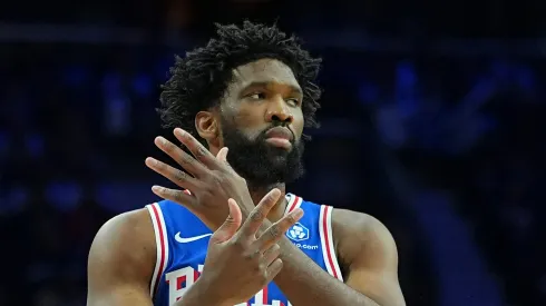 Joel Embiid #21 of the Philadelphia 76ers reacts.