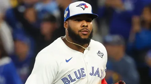 Vladimir Guerrero Jr. #27 of the Blue Jays reacts after the third out to end the inning against the Dodgers.