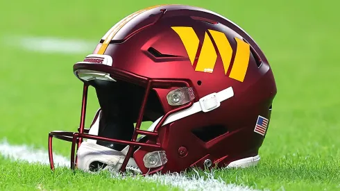 A detailed view of a Washington Commanders helmet.