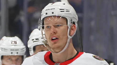 Brady Tkachuk #7 of the Ottawa Senators celebrates a goal.