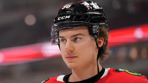 Connor Bedard #98 of the Chicago Blackhawks at the United Center.