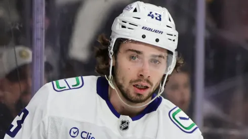 Quinn Hughes at T-Mobile Arena on December 19, 2024 in Las Vegas, Nevada.