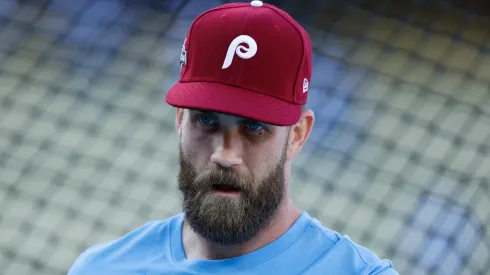Bryce Harper #3 of the Philadelphia Phillies looks on during batting practice.