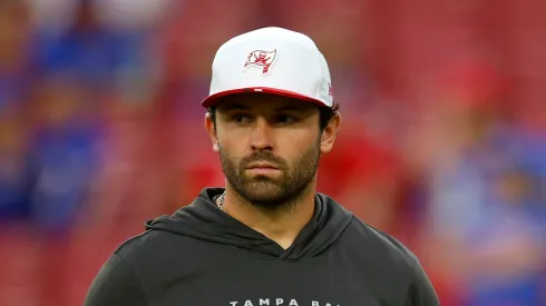 Baker Mayfield #6 of the Tampa Bay Buccaneers looks on during the NFL Preseason 2025