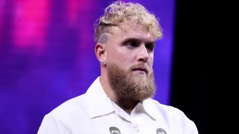 Jake Paul looks on at a news conference about his exhibition match with Gervonta Davis.