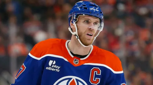 Connor McDavid #97 of the Oilers skates against the Flames.