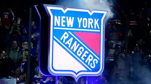 New York Rangers logo during a banner-raising ceremony