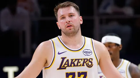 Luka Doncic #77 of the Los Angeles Lakers reacts.