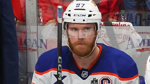 Connor McDavid #97 of the Edmonton Oilers reacts after a goal.