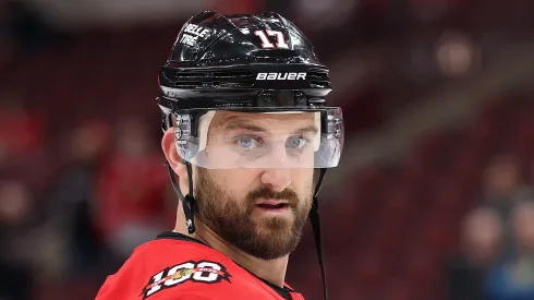 Nick Foligno warms up prior to the game vs the Senators on October 28, 2025 in Chicago.