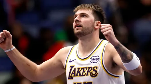 Luka Doncic #77 of the Los Angeles Lakers reacts.