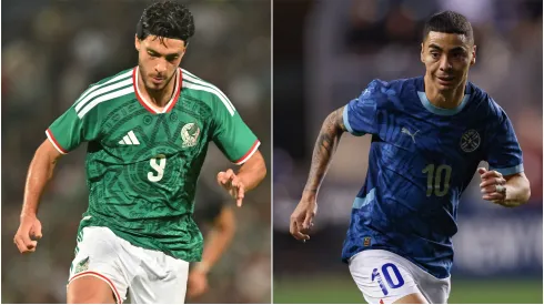 Raul Jimenez of Mexico and Miguel Almiron.