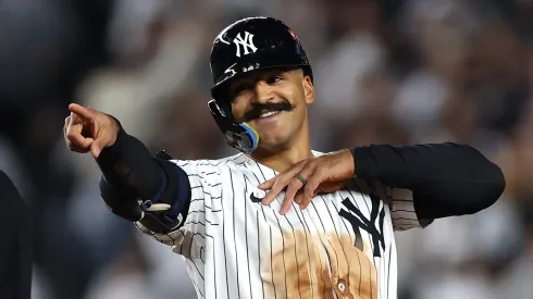 Trent Grisham #12 of the New York Yankees reacts.