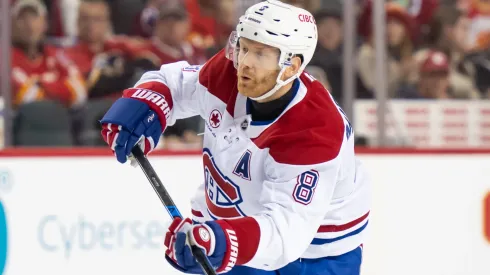 Mike Matheson #8 of the Montréal Canadiens takes a shot.