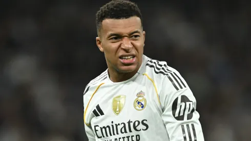 Kylian Mbappe of Real Madrid reacts during the LaLiga EA Sports match.